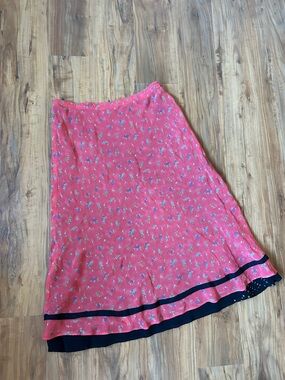 Coral Floral A-Line Midi Skirt Flowy Boho Layered Hem Feminine